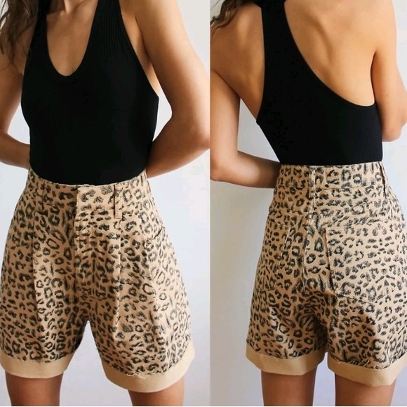 Free People High Waist Leopard Denim Shorts - Picture 6 of 7